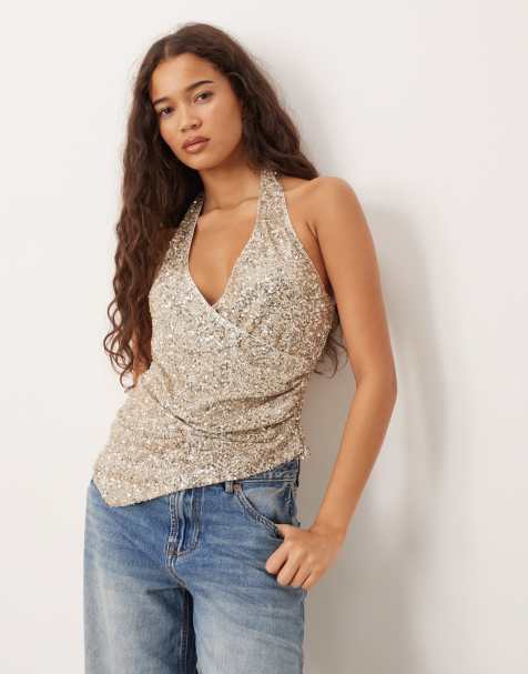 Gina Tricot – Neckholder-Oberteil in Gold mit Pailletten - view 1