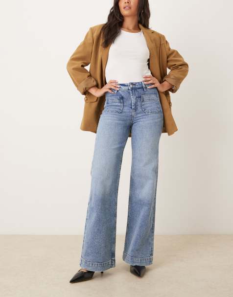 Gina Tricot front pocket wide leg flare jeans in midwash blue