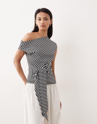 Oberteil in Schwarz gestreift mit asymmetrischer Schulterpartie und Bindedetail an der Taille Schwarz XS