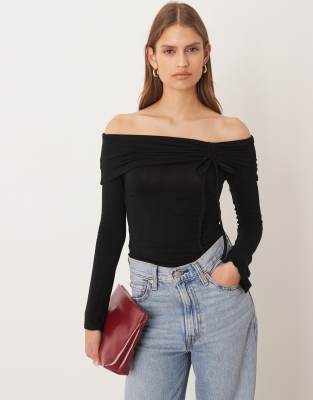 GINA TRICOT Gina Tricot off shoulder long sleeve top with ruche channel detail and fluted sleeves in black