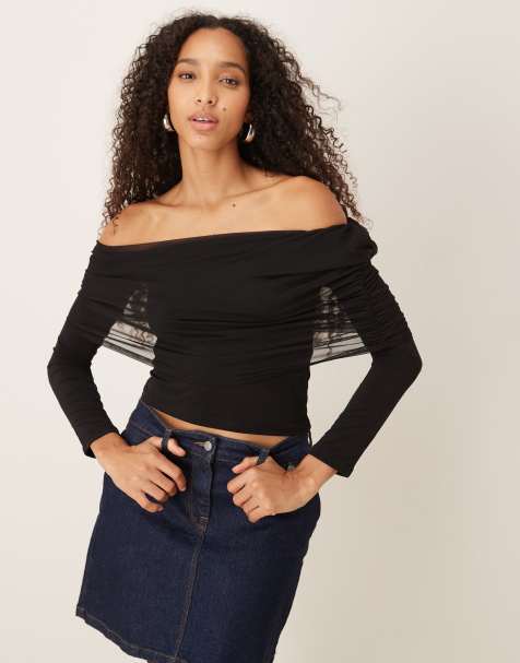 Gina Tricot off shoulder mesh top in black - view 1