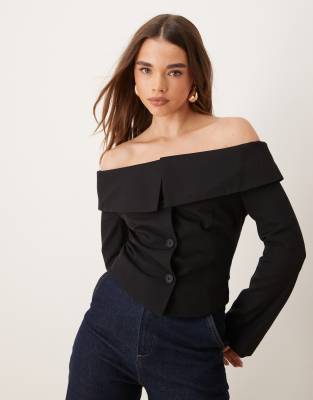 Gina Tricot off shoulder tailored blazer in black