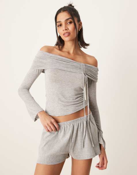 Gina Tricot off shoulder top with ruched channel detail and fluted sleeves in light grey melange - view 1