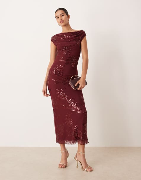 Gina Tricot off the shoulder asymmetric sequin maxi dress in burgundy - view 1