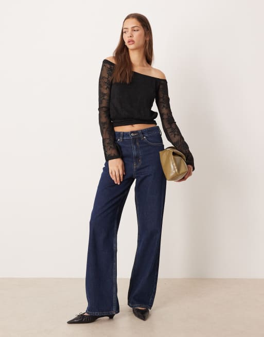 Gina Tricot off the shoulder lace top in black, 3 of 4