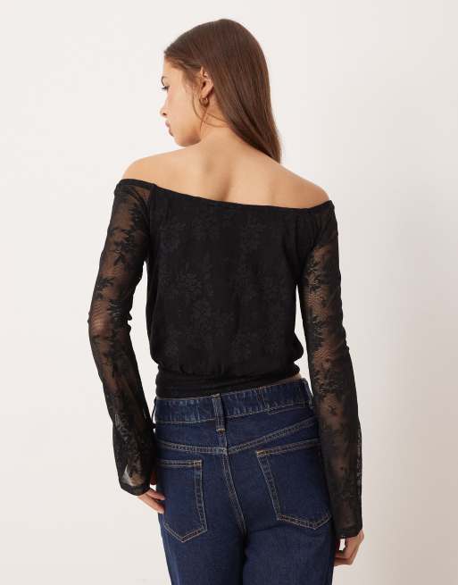 Gina Tricot off the shoulder lace top in black, 4 of 4