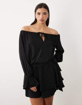 Gina Tricot off the shoulder long sleeve frill mini dress in black