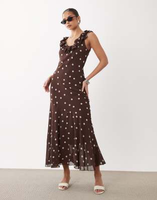 Gina Tricot Off-the-shoulder Maxi Asymmetric Ruffle Dress In Brown