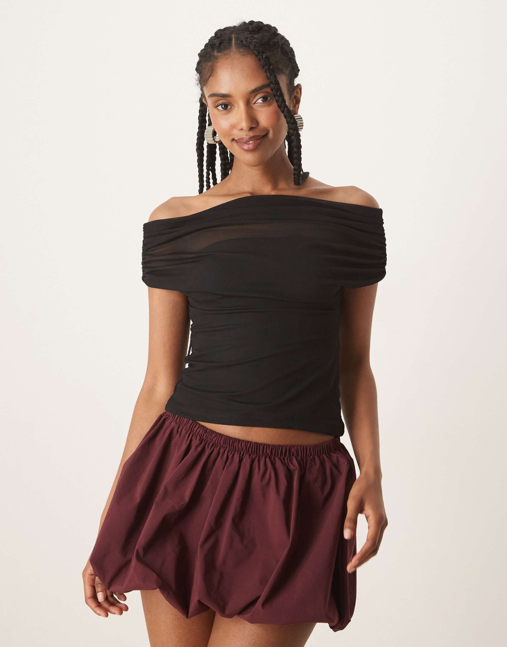 gina tricot off the shoulder mesh top in black