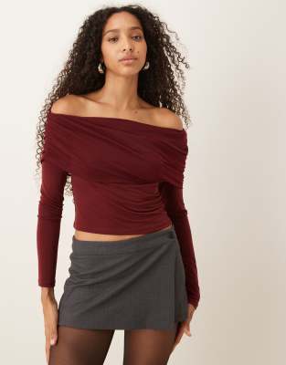 Gina Tricot Off The Shoulder Mesh Top In Burgundy