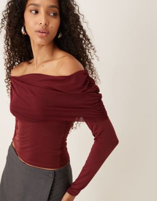 Gina Tricot Off The Shoulder Mesh Top In Burgundy