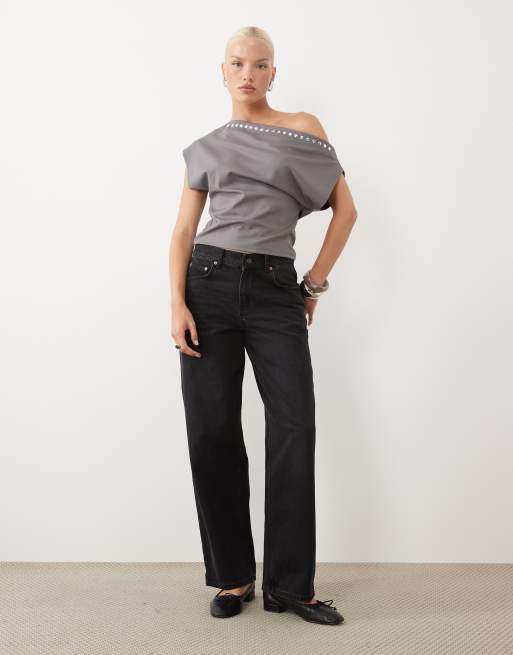 Gina Tricot off the shoulder short sleeve top with studs in grey, 3 of 4