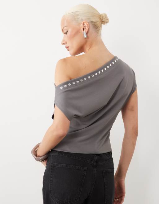 Gina Tricot off the shoulder short sleeve top with studs in grey, 4 of 4