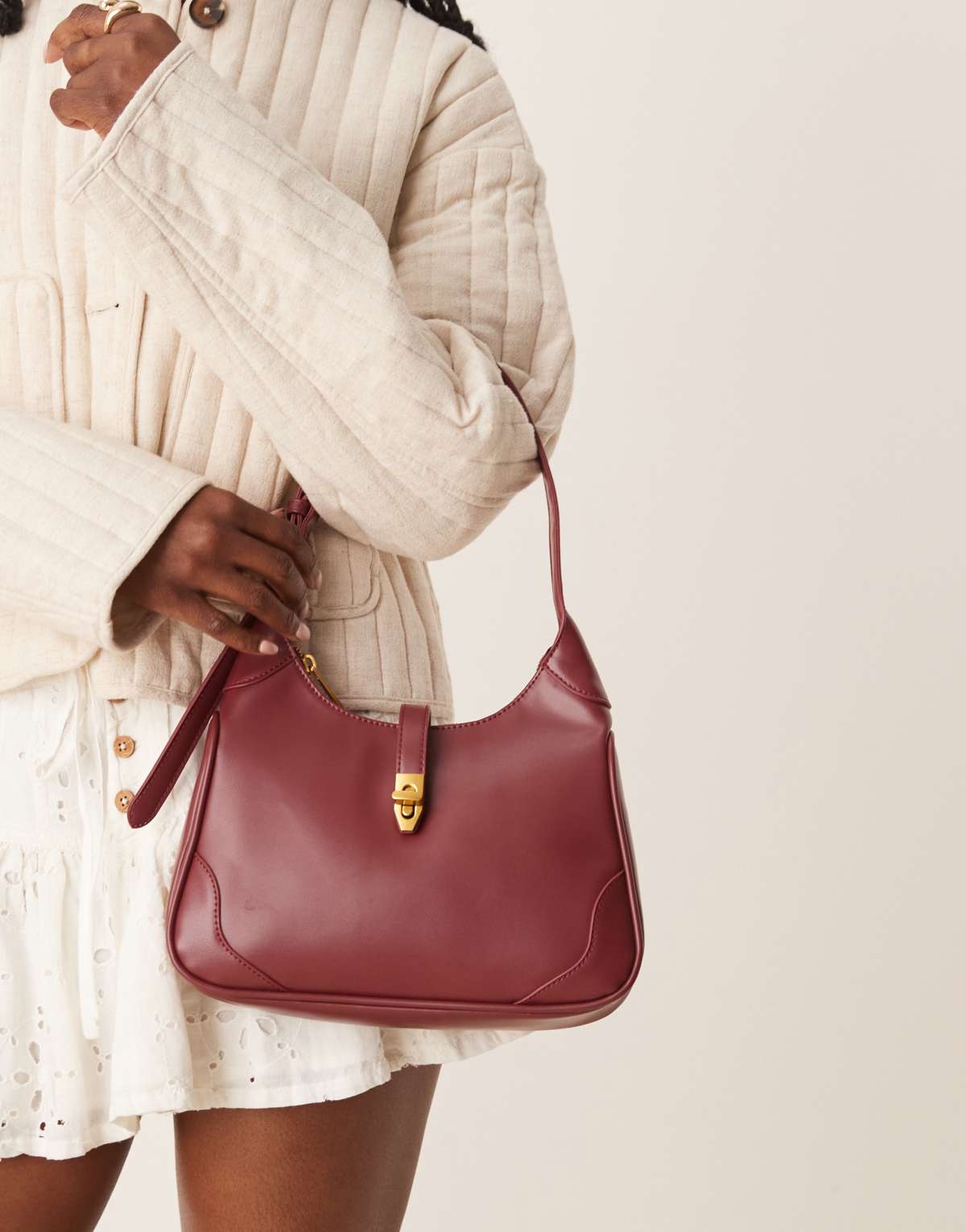 Gina Tricot one handle shoulder bag with gold buckle in red burgundy