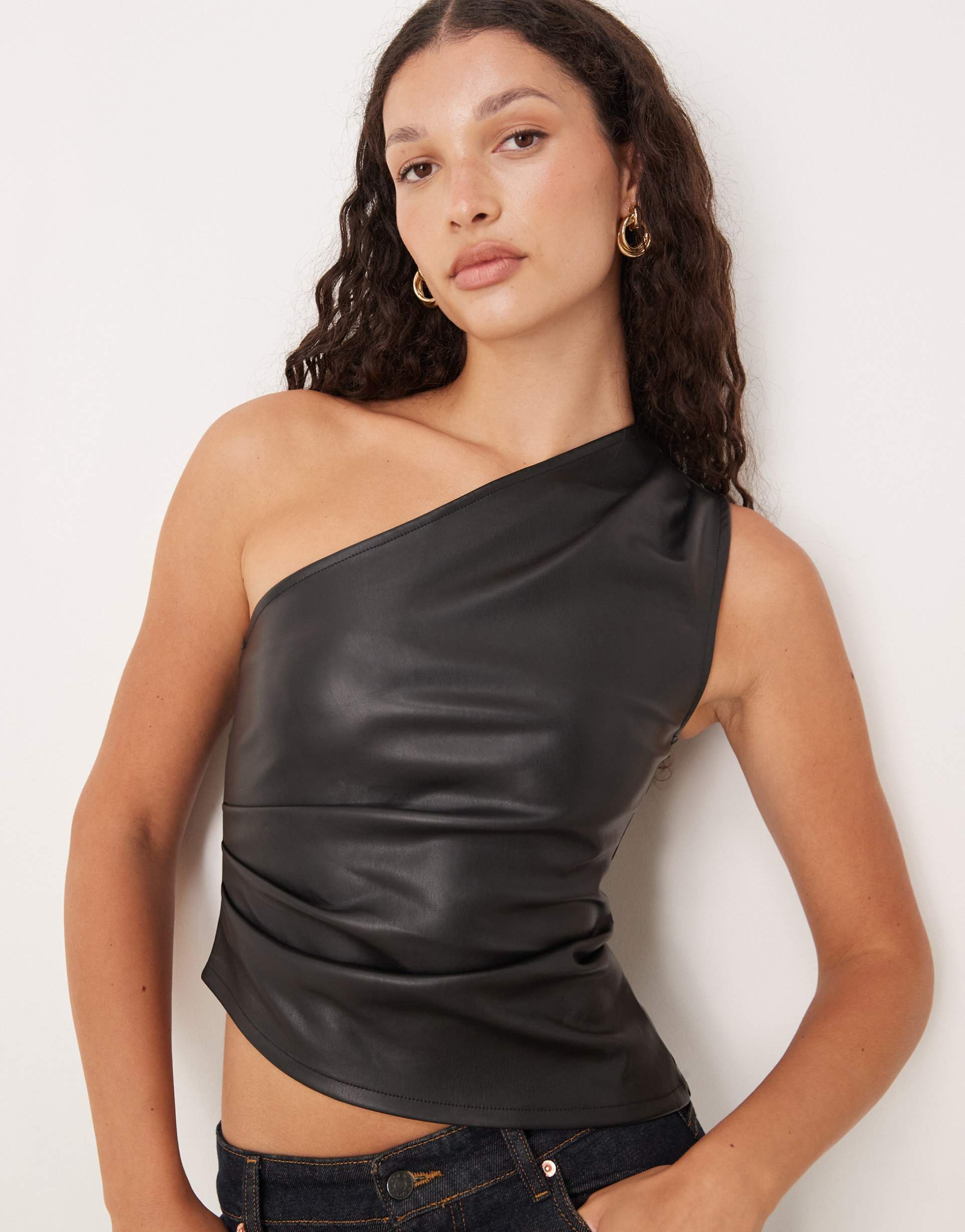 gina tricot one shoulder pu top in black