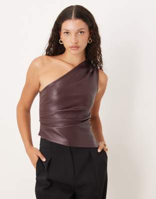 Gina Tricot One Shoulder Pu Top In Burgundy