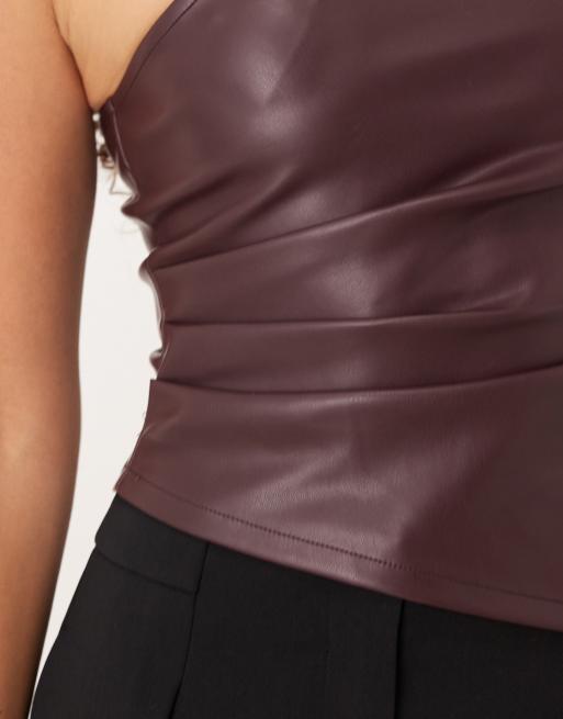 Gina Tricot one shoulder PU top in burgundy, 3 of 4