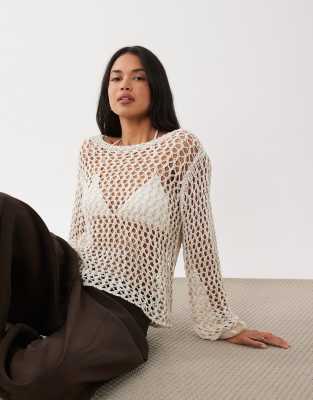 Gina Tricot open knit crochet top in neutral beige