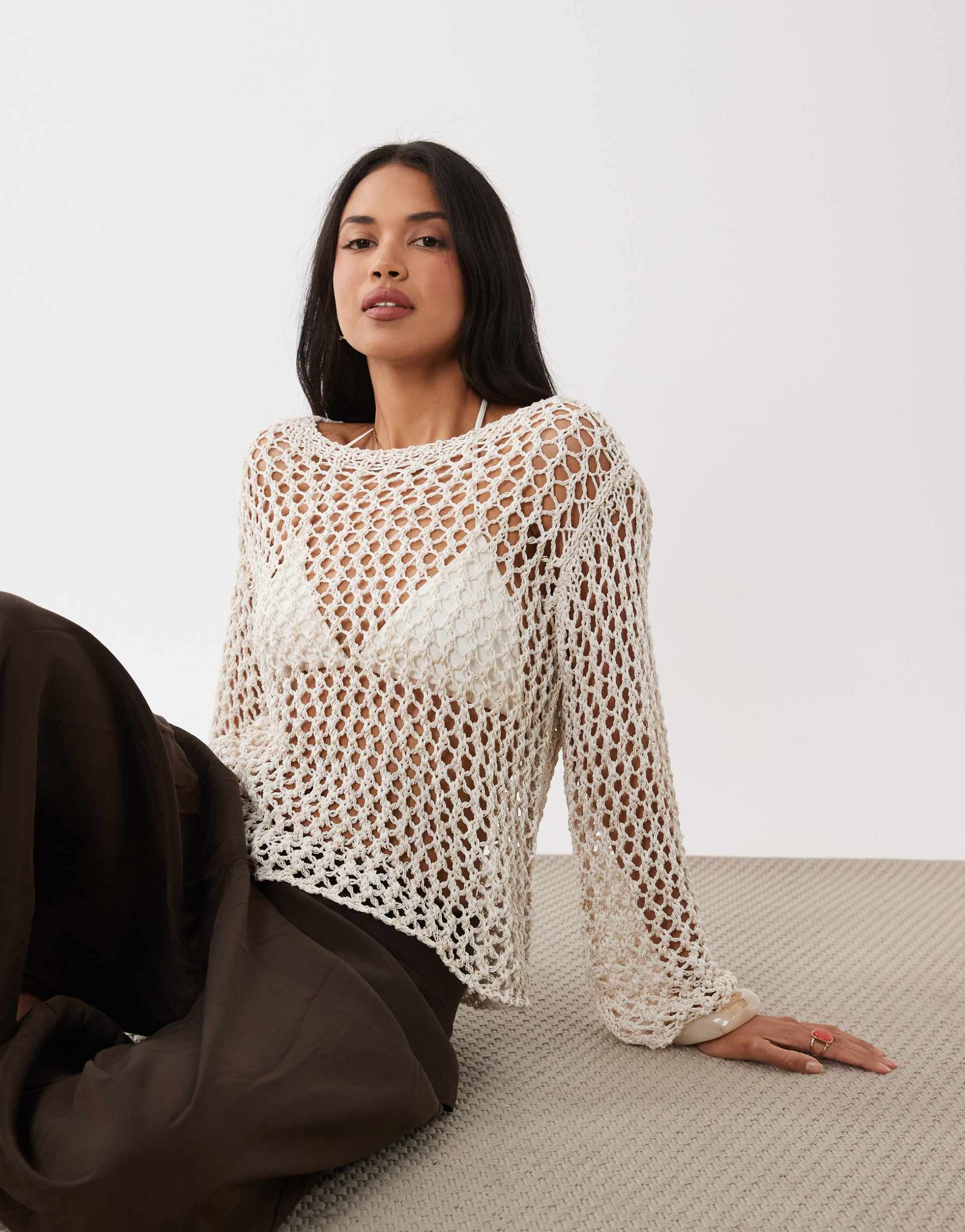 gina tricot open knit crochet top in neutral beige