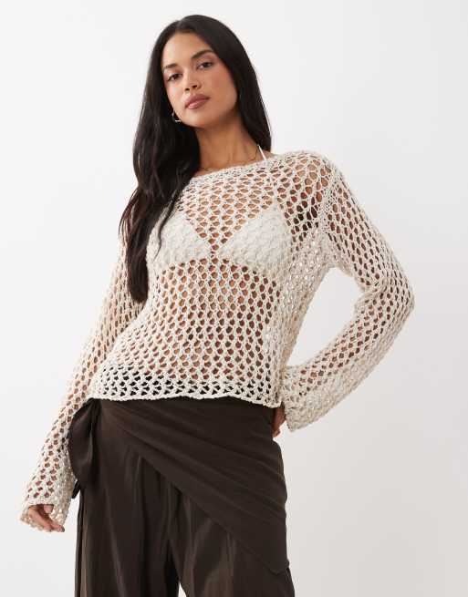 Gina Tricot open knit crochet top in neutral beige, 2 of 4