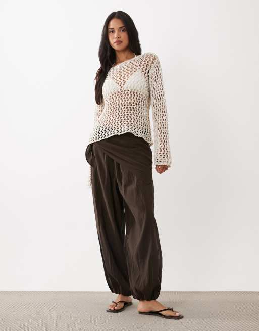 Gina Tricot open knit crochet top in neutral beige, 3 of 4