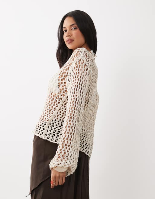 Gina Tricot open knit crochet top in neutral beige, 4 of 4