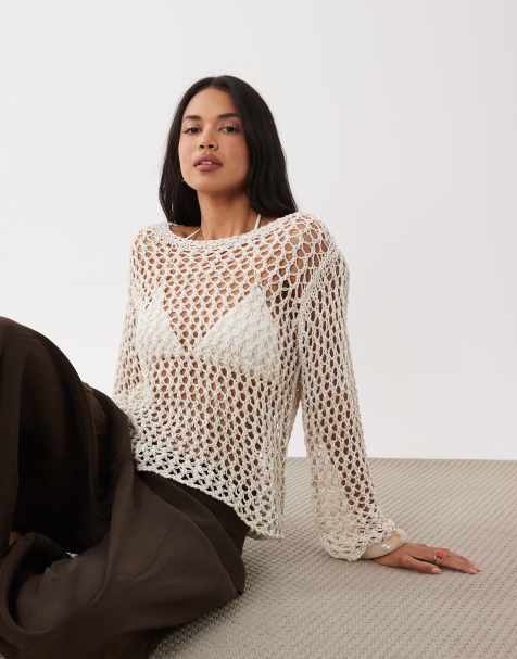 Gina Tricot - Opengebreide gehaakte top in neutraal beige - view 1
