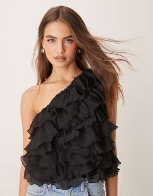 organza one-shoulder top with layered ruffles in black