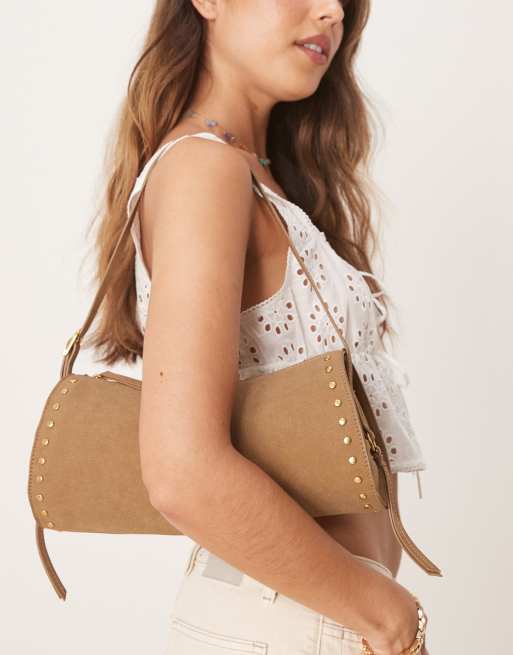 Gina Tricot - Ovale schoudertas met studs in neutraal beige