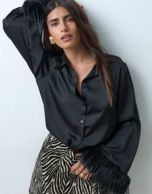 Gina Tricot oversize fluffig satinskjorta i svart, 4 av 5