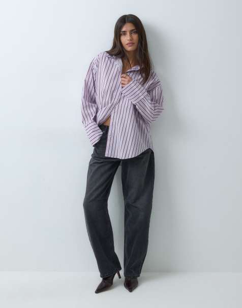 Gina Tricot oversize koszula z popeliny w bordowo-niebieskie paski - view 1