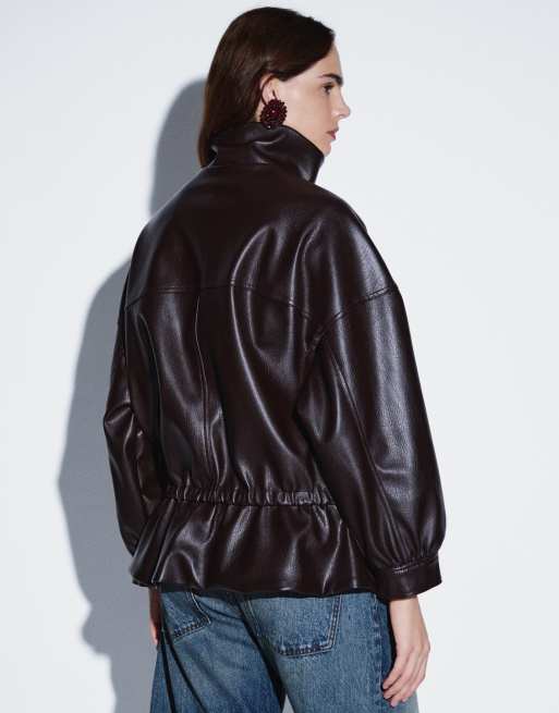 Gina Tricot oversized jacka i läderimitation med hög krage i djupt plommon, 3 av 4