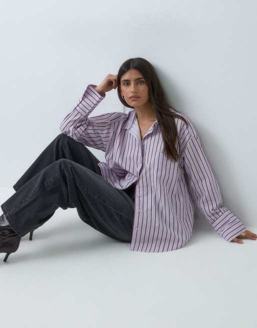 Gina Tricot oversized poplin shirt in burgundy and blue stripe, 3 of 5