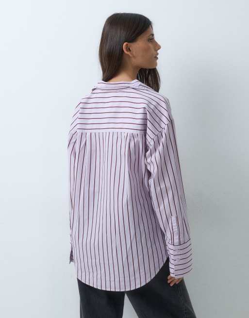Gina Tricot oversized poplin shirt in burgundy and blue stripe, 5 of 5