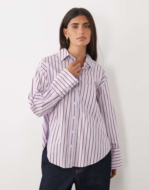 Gina Tricot oversized poplin shirt in burgundy and pink stripe - view 1