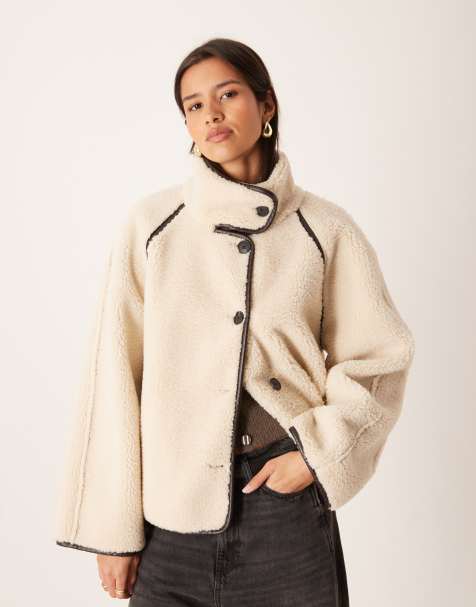 Gina Tricot oversized reversible borg jacket with high funnel neck in beige - view 1