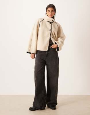 Gina Tricot Oversized Reversible Borg Jacket With High Funnel Neck In Neutral