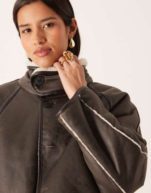 Gina Tricot oversized reversible borg jacket with high funnel neck in beige