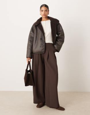 Gina Tricot Oversized Reversible Borg Jacket With High Funnel Neck In Brown