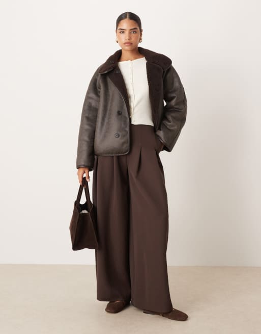 Gina Tricot oversized reversible borg jacket with high funnel neck in dark brown with edging