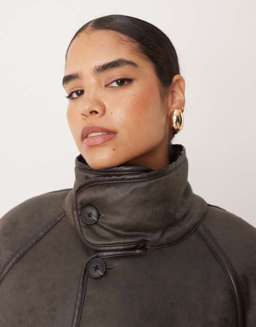 Gina Tricot oversized reversible borg jacket with high funnel neck in dark brown with edging