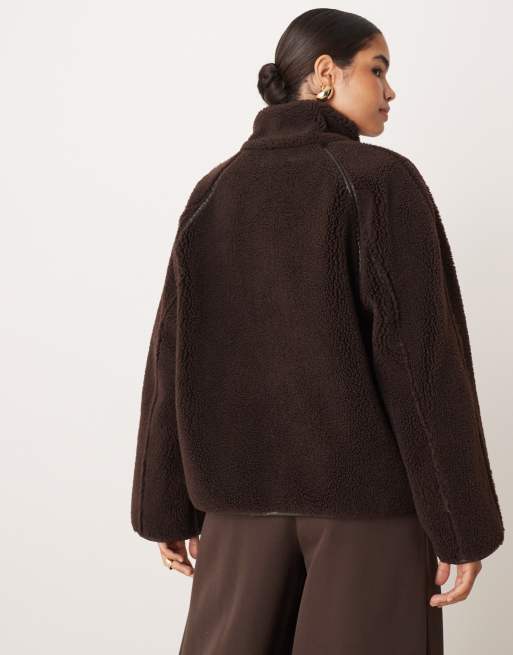 Gina Tricot oversized reversible borg jacket with high funnel neck in dark brown with edging