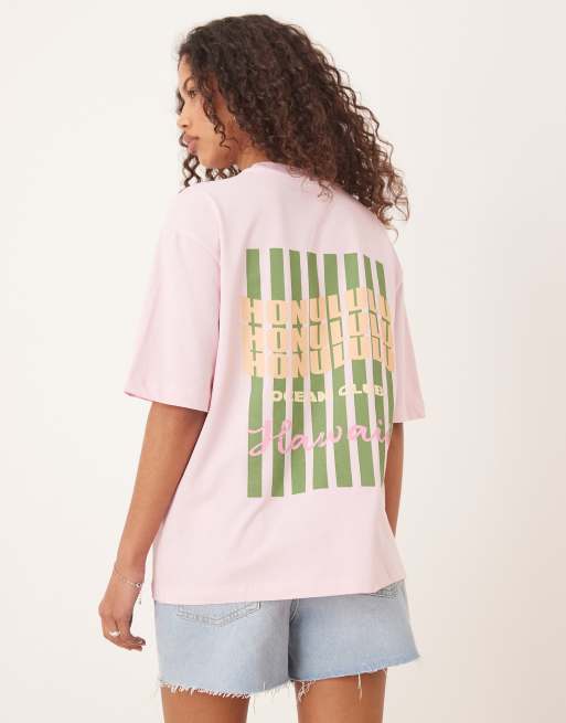 Gina Tricot - Oversized T-shirt met korte mouwen en grafische beach club-print in lichtroze