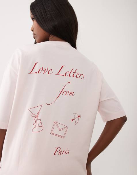 Gina Tricot - Oversized T-shirt met korte mouwen en 'Love letters from Paris'-print in roze - view 1