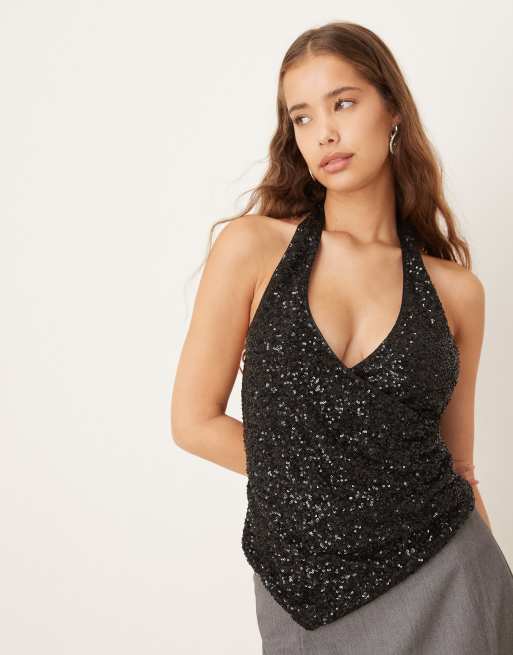 Gina Tricot – Pailletten-Oberteil in Schwarz mit drapierter Vorderpartie