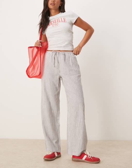 Gina Tricot - Pantalon ample en lin avec cordon de serrage et motif rayé - Gris, 2 de 5