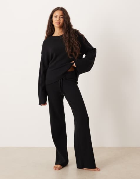 Gina Tricot - Pantalon d'ensemble droit en maille côtelée fine - Noir - view 1