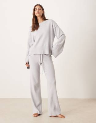 Gina Tricot - Pantalon droit d'ensemble en maille côtelée fine - Gris clair chiné