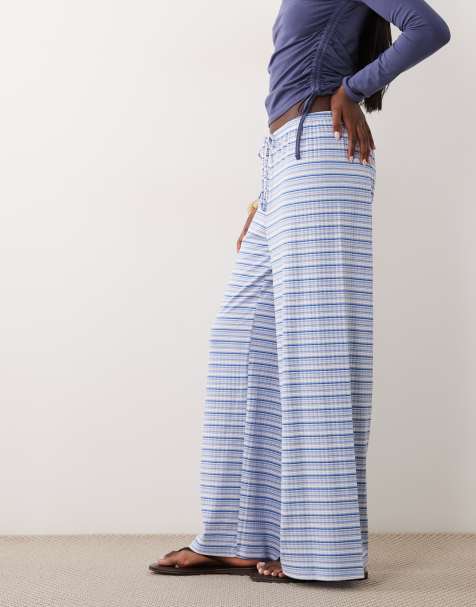 Gina Tricot - Pantalones a rayas blancas y azules horizontales de pernera ancha con cordón ajustable en la cintura de punto liso muy suave - view 1