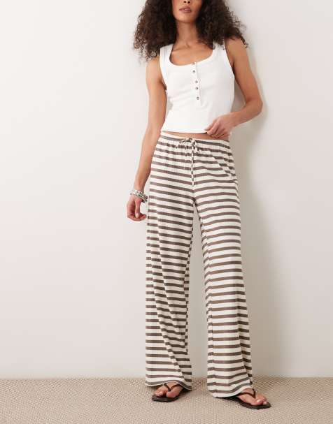 Gina Tricot - Pantalones a rayas blancas y negras de pernera ancha con cordón ajustable en la cintura de punto liso muy suave - view 1